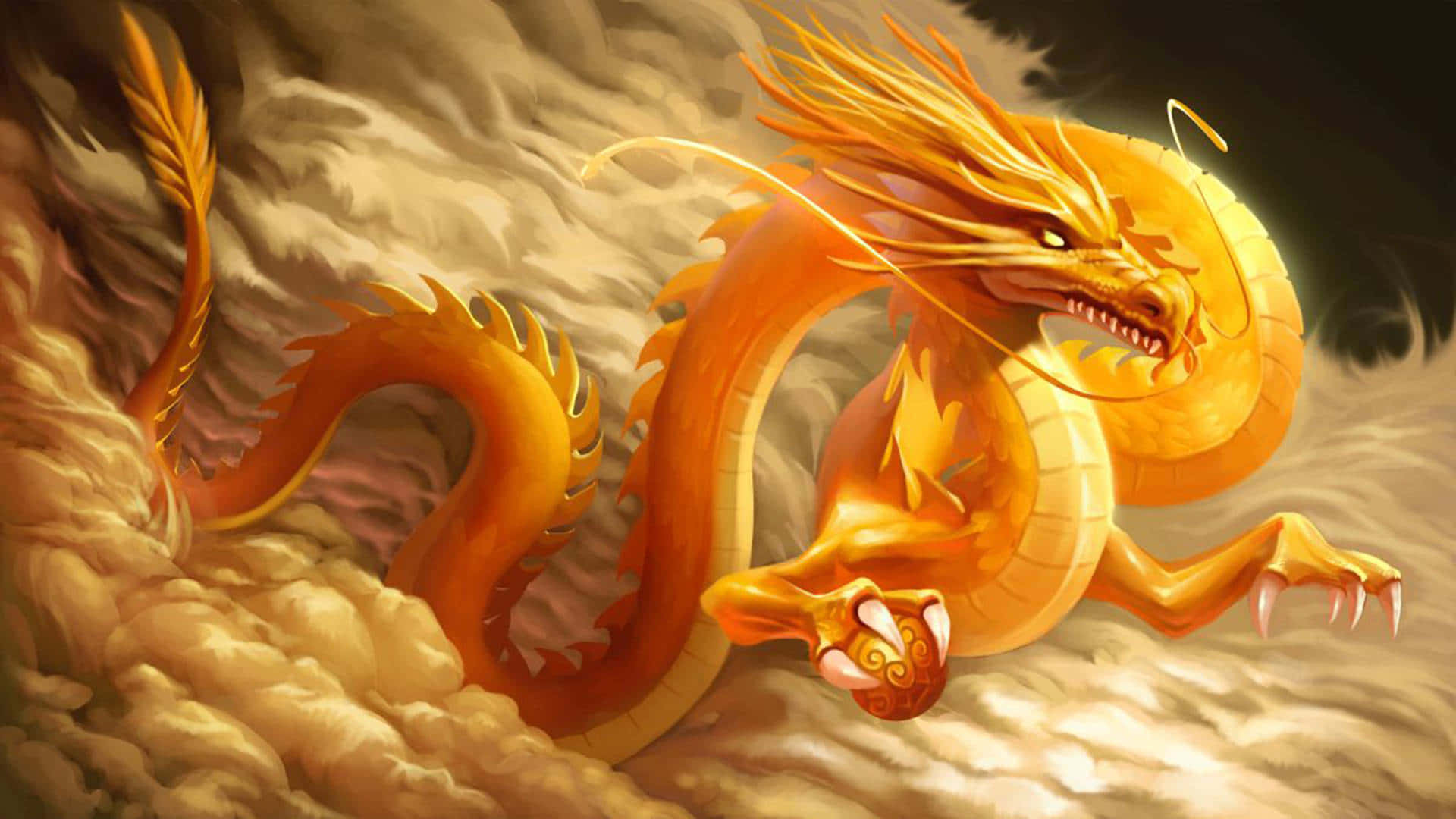 金黃色雲中龍動漫 壁紙 — 一頭雄偉的金龍，擁有火焰般的鬃毛和利爪，從旋轉的雲層中強勢出現，構成戲劇性的奇幻場景。