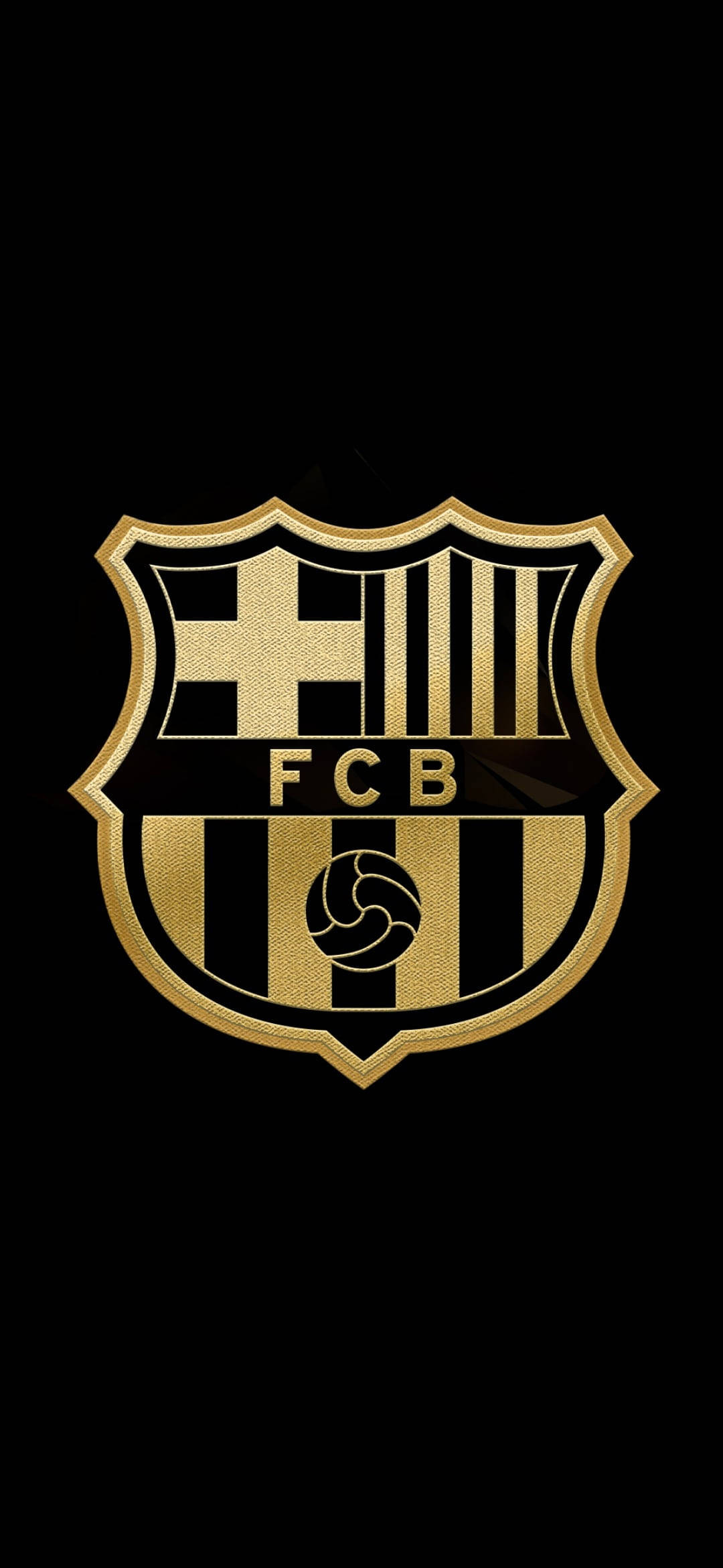 金黑巴塞隆納 FC 壁紙 — 一個金色嘅FC巴塞隆拿會徽，有黑色同金色嘅條紋，中間有個足球，背景係黑色。
