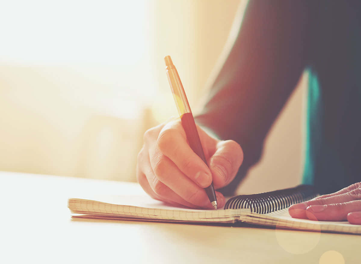 手在筆記本上書寫，陽光照射進來。