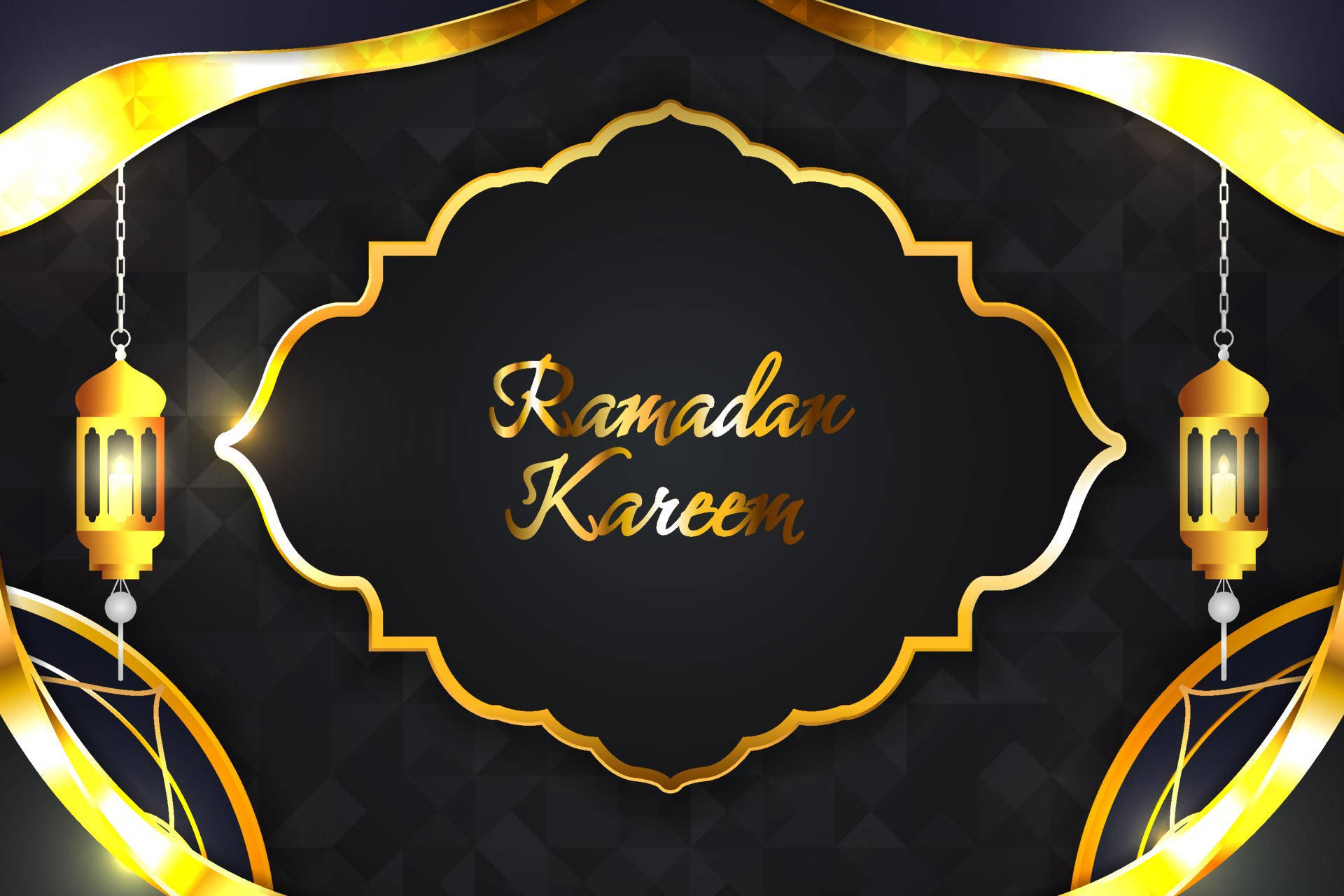 深色背景上帶有金色燈籠和華麗邊框的 Ramadan Kareem 祝福。