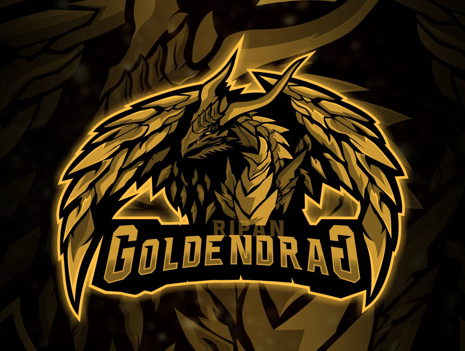 金色龍標誌，帶有發光文字 'GOLDENDRAJ'，置於黑暗背景上。