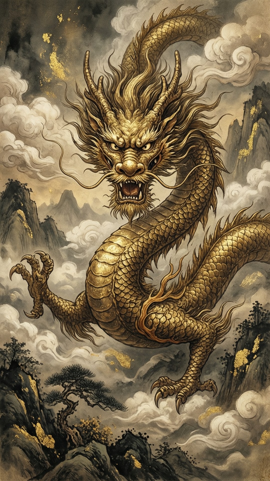 金龍卷軸 壁紙 — 一隻雄偉的金龍，帶有複雜的鱗片和飄逸的鬃毛，在霧氣繚繞的山脈和松樹上方穿過旋轉的雲層翱翔。