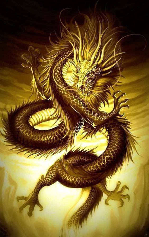 一條金龍，擁有飄逸的鬃毛和爪子，擺出強有力的姿勢。