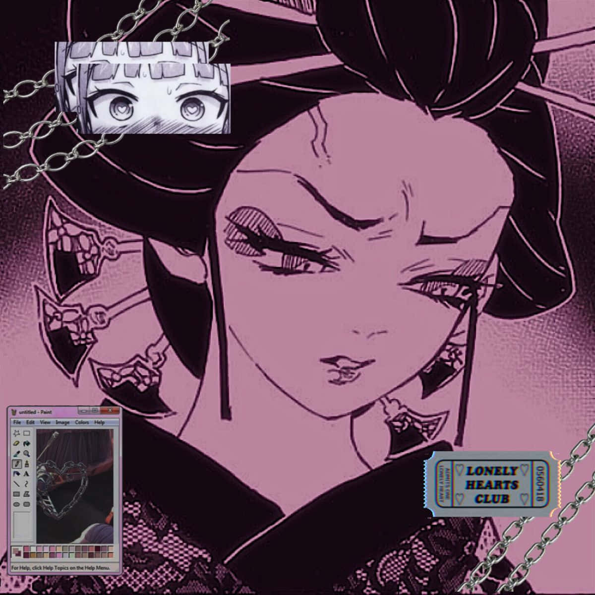 鈴屋什造——鬼殺隊戰士 壁紙 — 一個風格化的動漫女性，擁有粉紅色皮膚和黑色頭髮，裝飾著鎖鏈和一張標有 lonely hearts club 的門票。