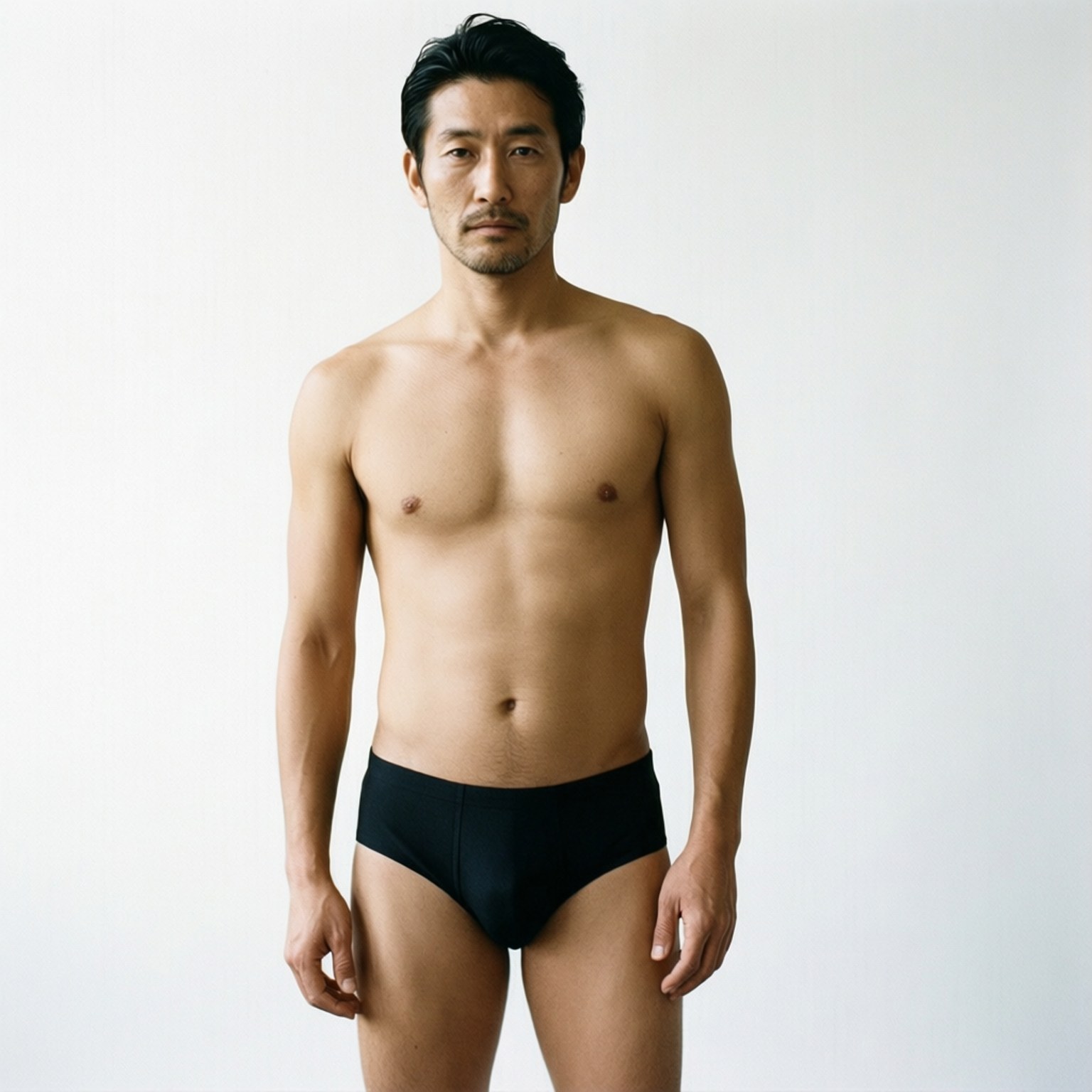 一個肌肉發達的男人穿著黑色內褲站在白色攝影棚中。