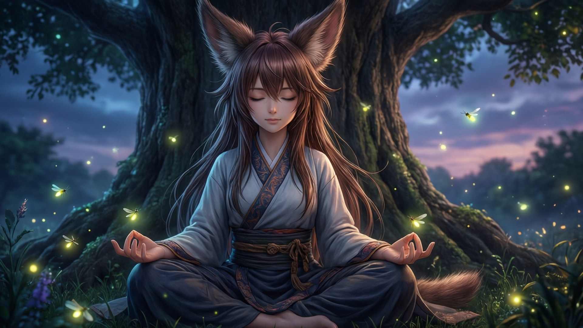 一位狐耳少女在黃昏的森林中，在螢火蟲閃爍的樹下冥想。
