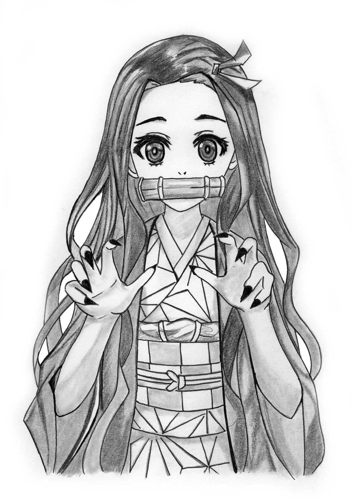 鉛筆素描《鬼滅之刃》祢豆子 壁紙 — 一個長髮動漫女孩戴著竹製口塞並做出和平手勢的黑白鉛筆素描。