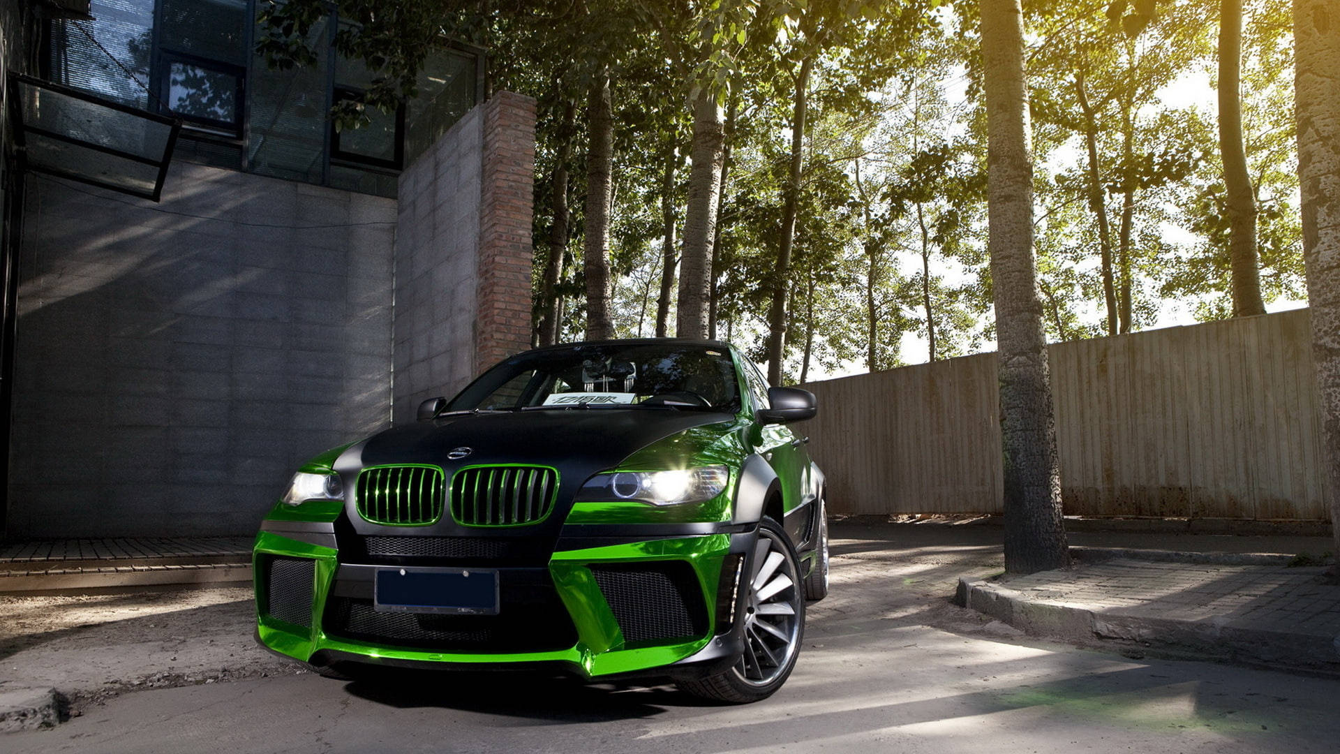 鉻綠色BMW X6 M 壁紙 — 一輛引人注目的綠色和黑色BMW M6跑車停泊在沐浴在金色陽光下的林蔭城市街道上。