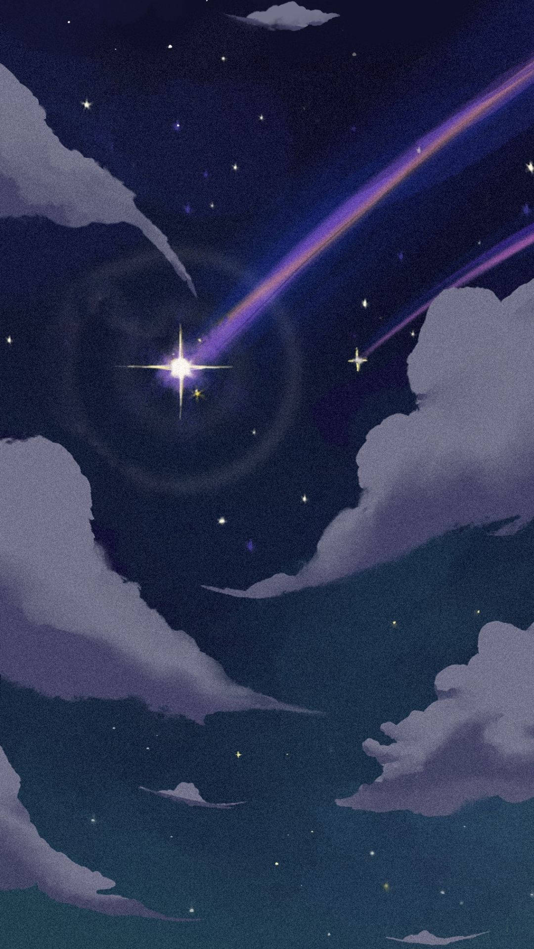 一顆發光的紫色流星在繁星點點的夜空中留下軌跡，伴隨著柔和的雲朵。