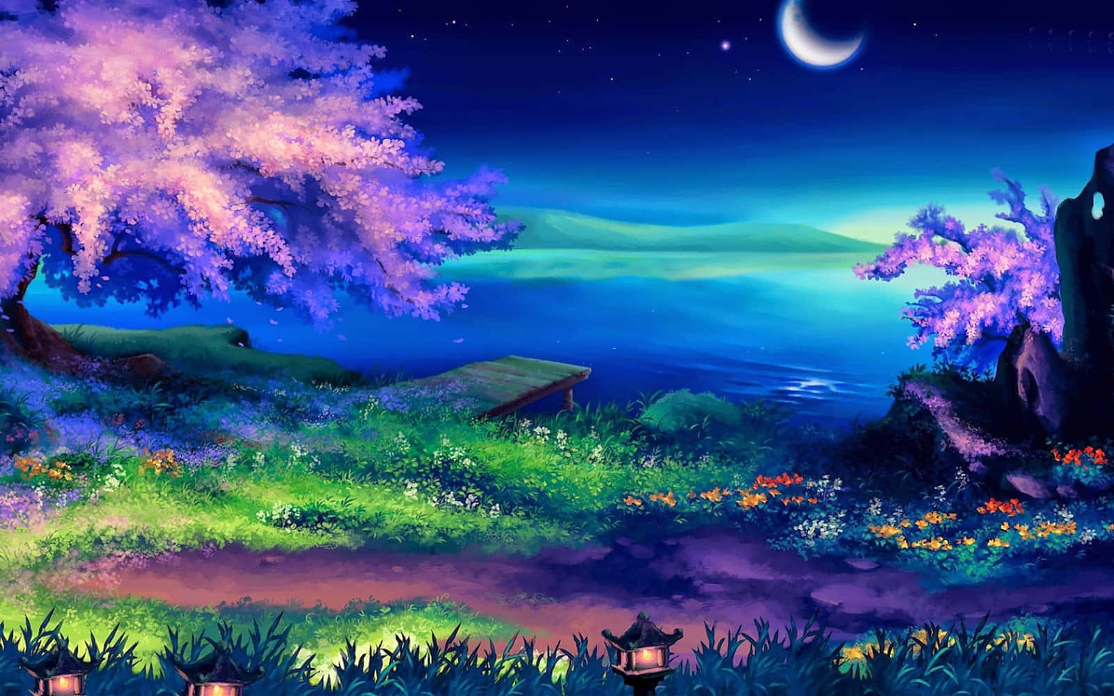 夜間花園，有發光的櫻花、木製碼頭和湖面上的新月。