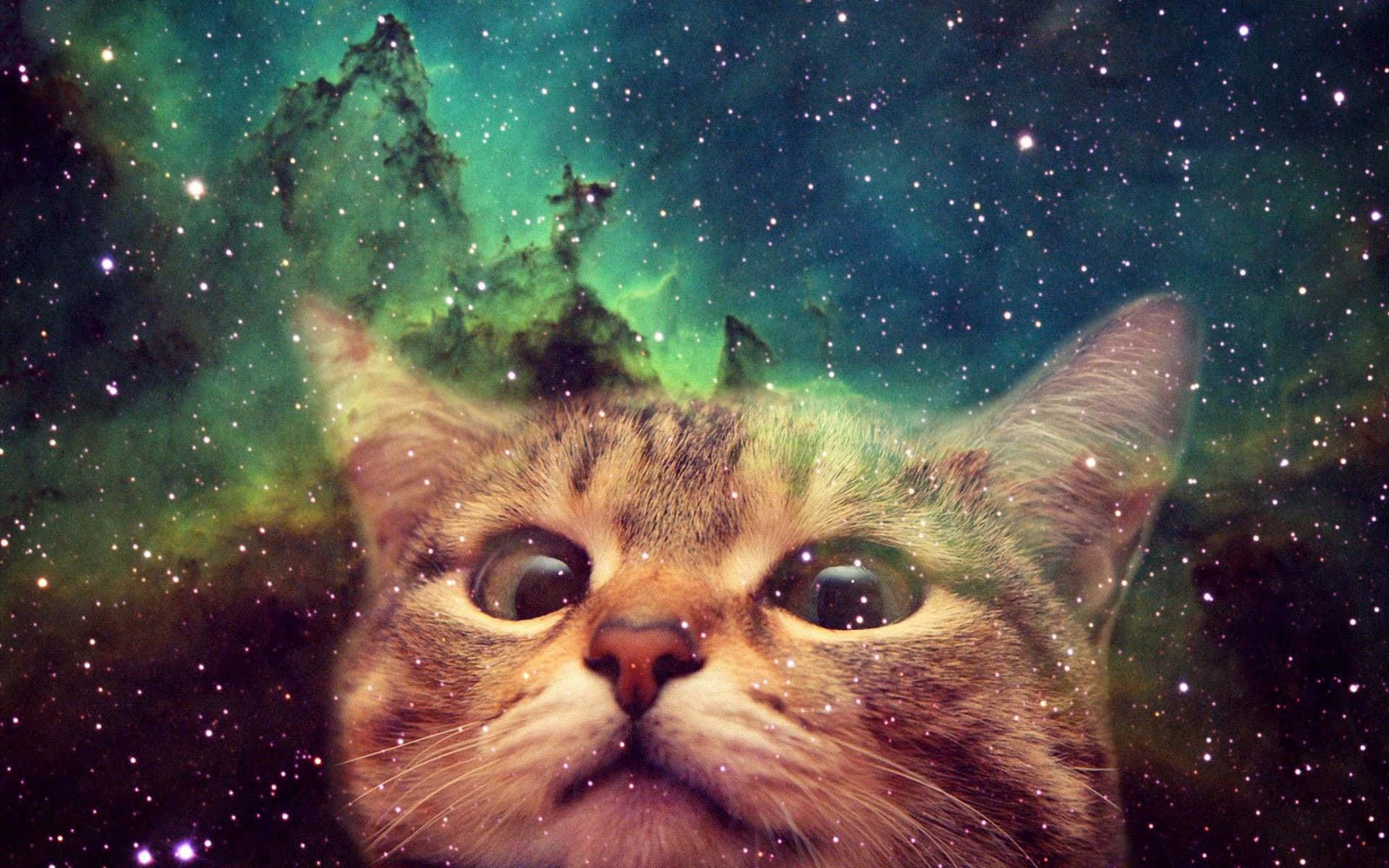 貓的臉在星光點點的綠色星雲背景前。
