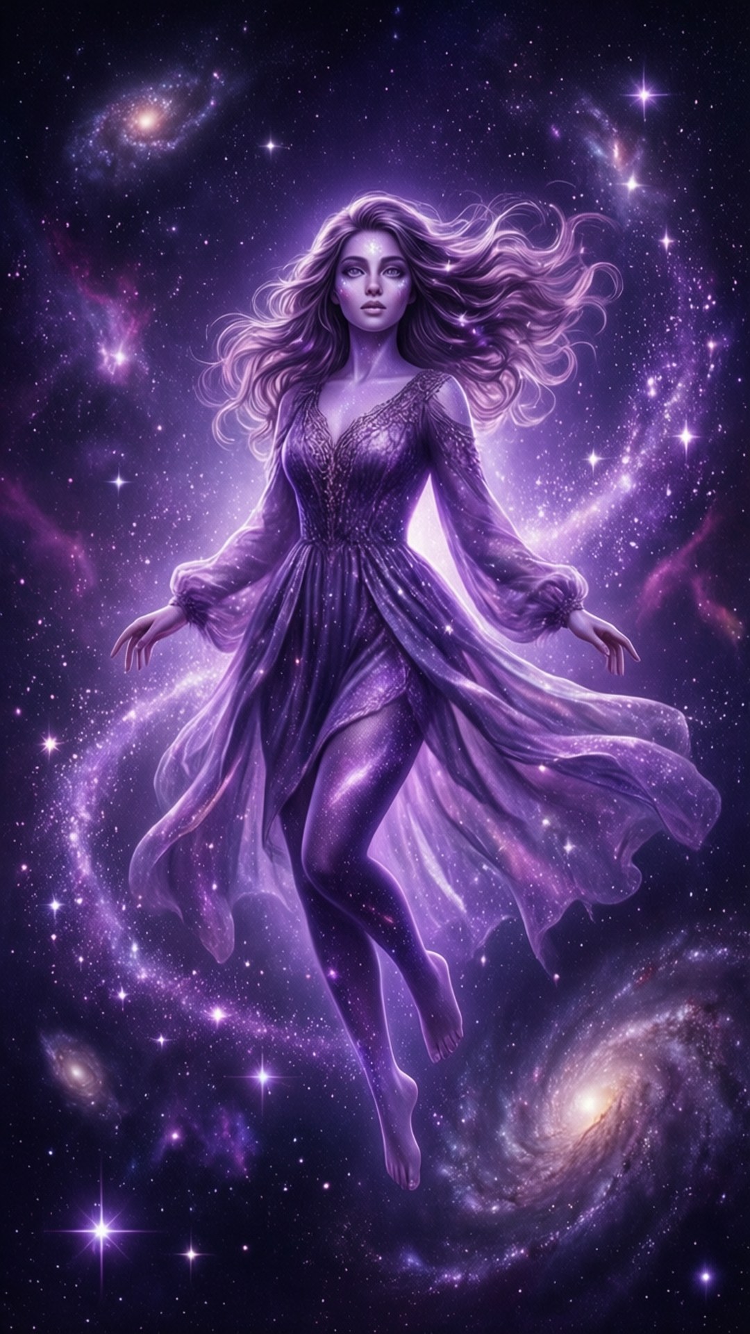 一位紫髮紫袍的女子漂浮在發光的星星與星系之間。