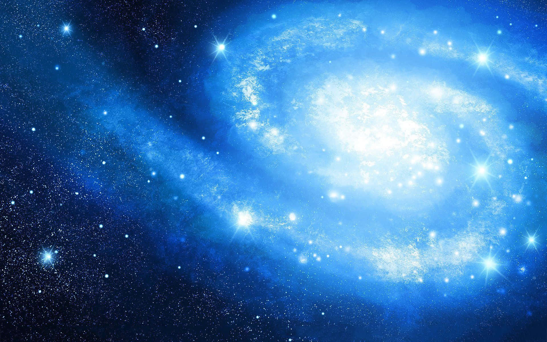 一個發光的藍色螺旋星系，在深空中被閃爍的星星環繞。