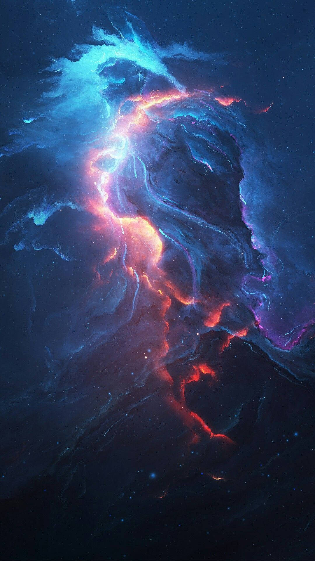 在深空中旋轉的藍色和橙色雲彩的鮮豔宇宙星雲。