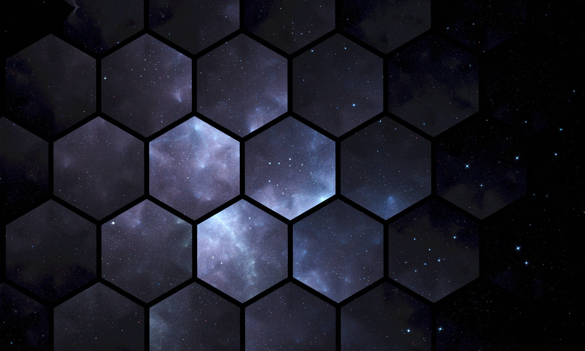 六邊形網格揭示了一個發光的宇宙星雲，其中包含星星。