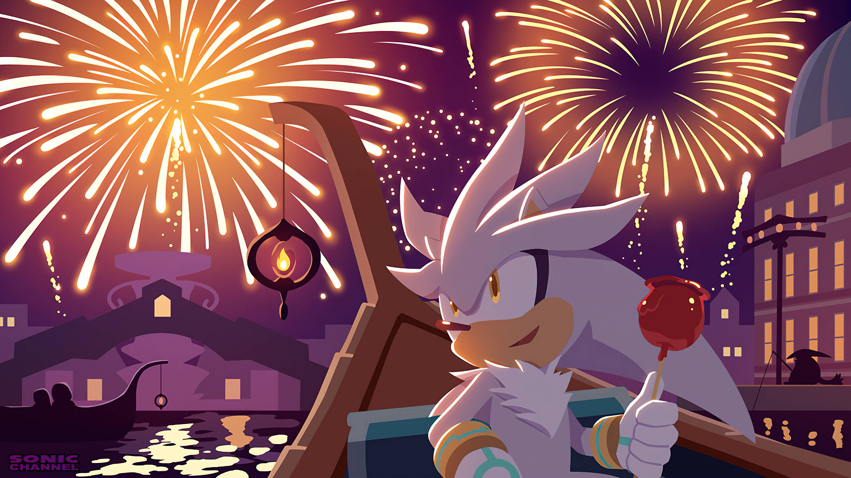 銀河刺猬在煙火下 壁紙 — Silver the Hedgehog 喺貢多拉上享受棒棒糖，夜晚煙花喺威尼斯運河上空綻放。