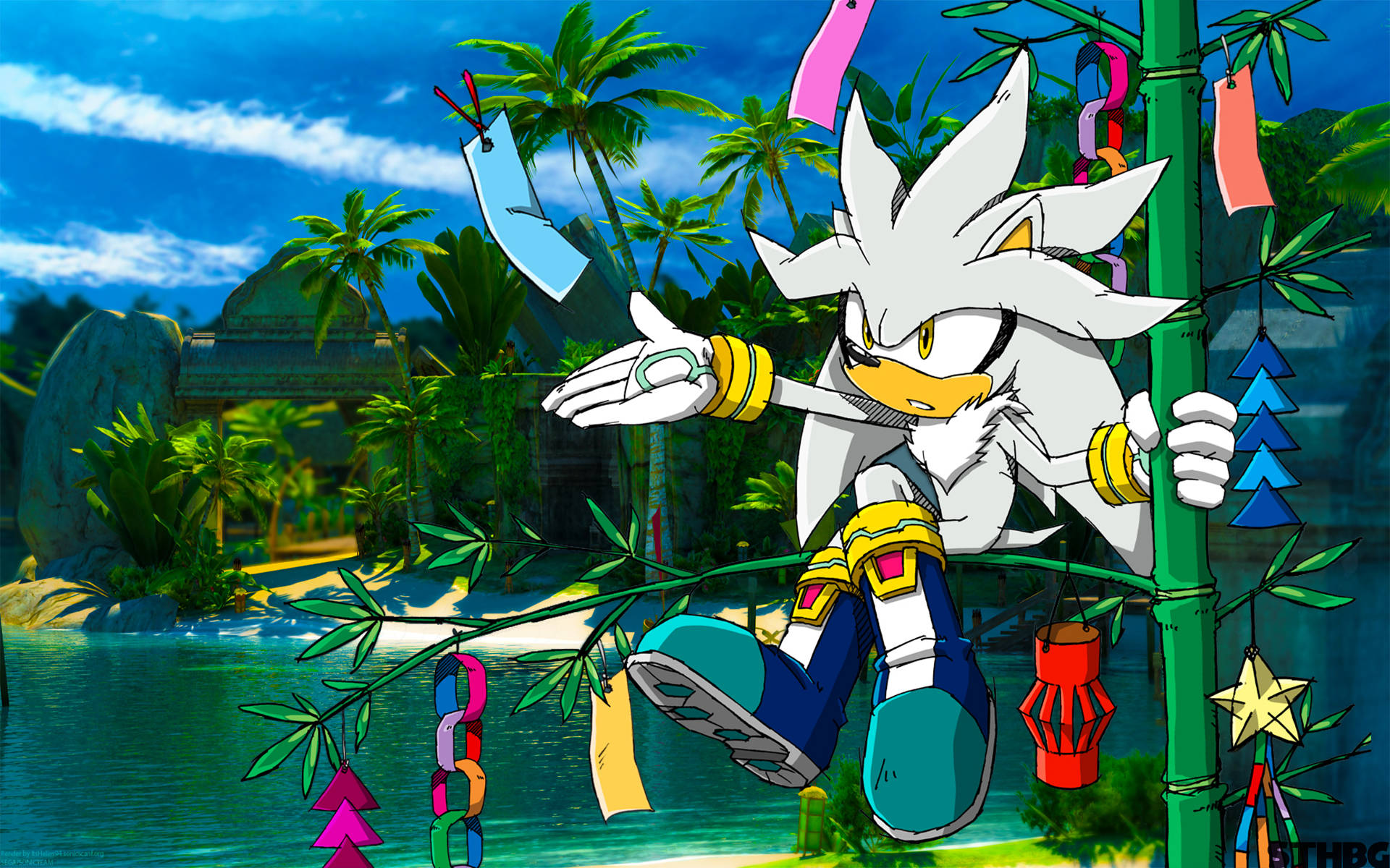 銀河刺猬在熱帶景點 壁紙 — Silver the Hedgehog 喺色彩繽紛嘅紙燈籠同棕櫚樹下，喺明亮藍天之下，喺充滿活力嘅熱帶叢林中搖擺。