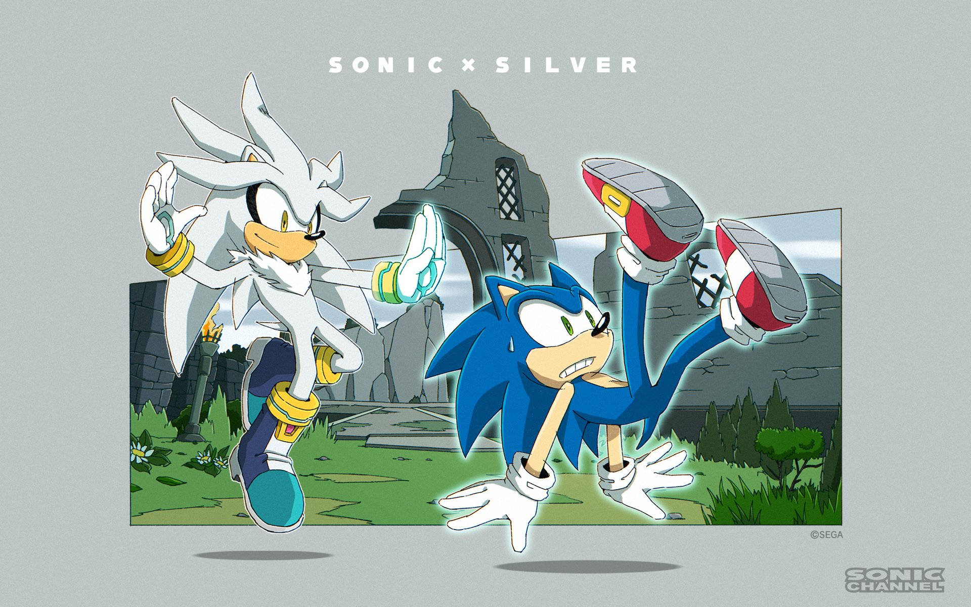銀河刺猬與索尼克 壁紙 — Sonic 和 Silver 動態地站在古老的石頭廢墟前，周圍有綠草和樹木，天空多雲。