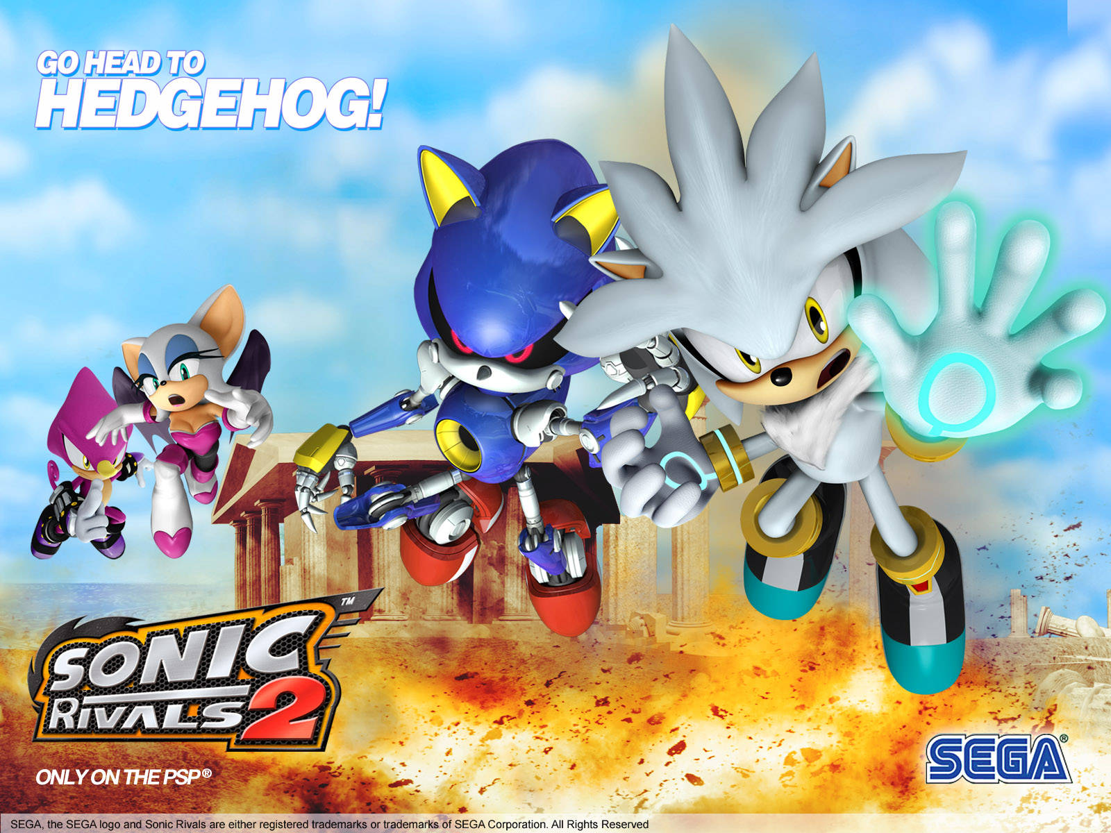 銀河刺猬與索尼克人偶 壁紙 — Sonic Silver 和 Rouge 在明亮的藍天下，穿過熾熱的爆炸，與古老的柱子一起動態競速。