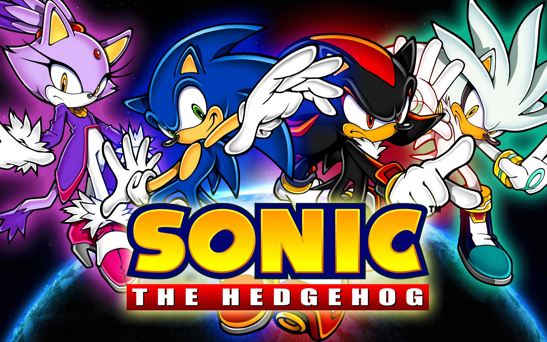 銀河刺猬與索尼克系列角色 壁紙 — Sonic the Hedgehog 和他的朋友們在充滿活力的霓虹色彩和粗體標題文字的宇宙背景下動態擺姿勢。