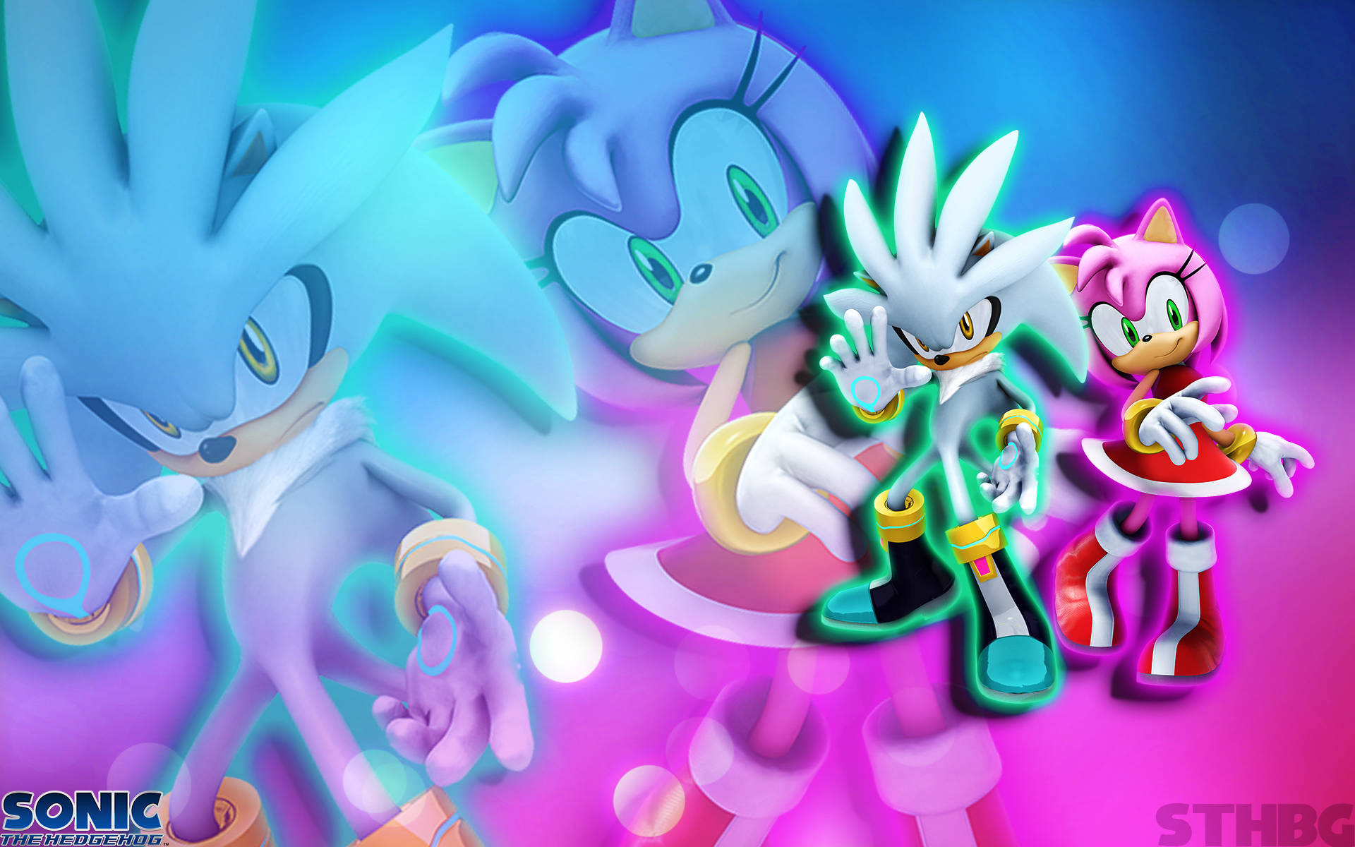 銀河刺猬與艾米玫瑰 壁紙 — 充滿活力的動漫角色 Sonic Amy 和 Silver 在夢幻的藍粉漸變背景上散發著霓虹能量。