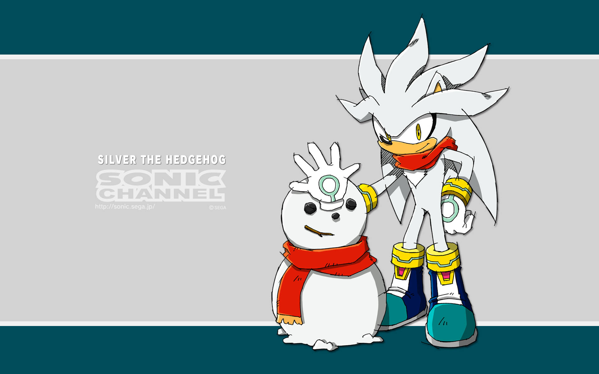 銀河刺猬與雪人 壁紙 — Silver the Hedgehog 企喺一個戴住紅色頸巾嘅雪人旁邊，背景係青綠色同灰色嘅條紋。