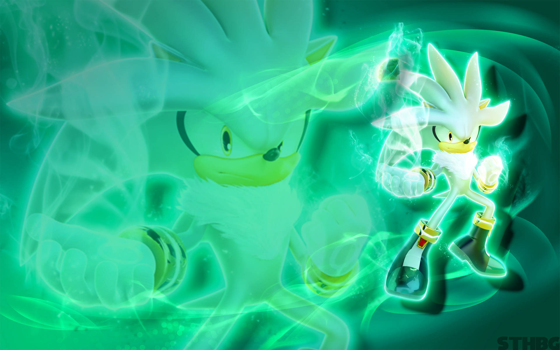 銀河刺猬遊戲主題 壁紙 — Silver the Hedgehog 在旋轉的綠色光環襯托下，以動態的動漫動作姿勢發出電能光芒。