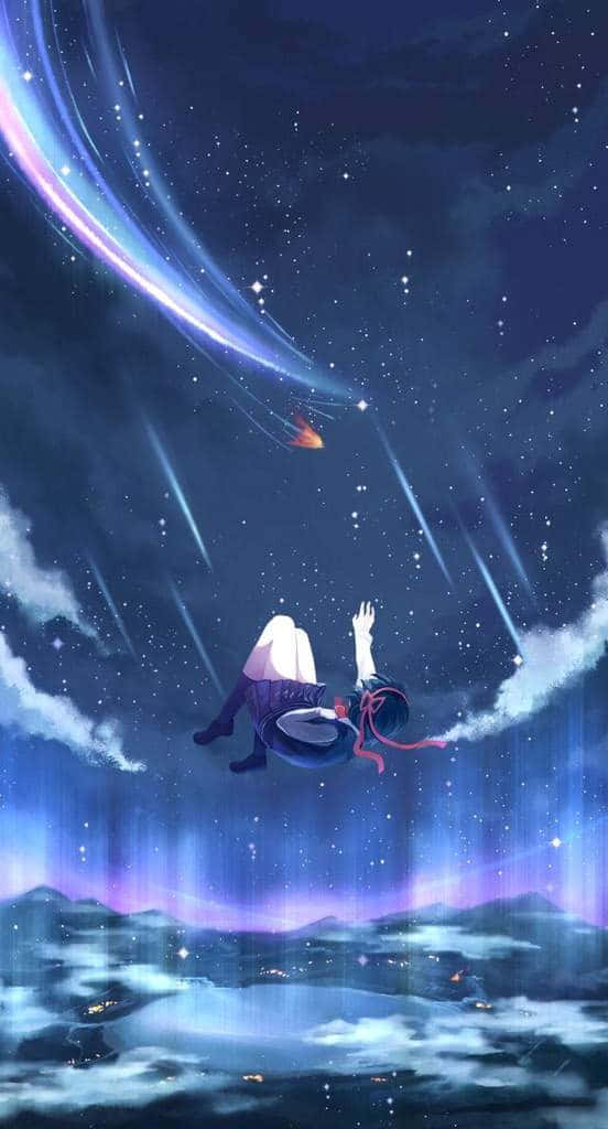 銀河動漫白雲 壁紙 — 一個女孩在繁星點點的夜空中向上飄浮，伸出雙臂追逐一顆發光的彗星。