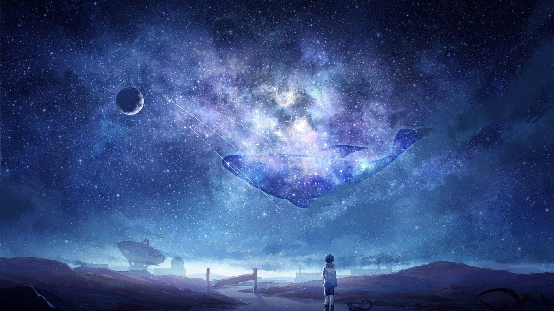 一個人站在貧瘠的星球上，看着一條由星星組成的鯨魚在夜空中游弋。