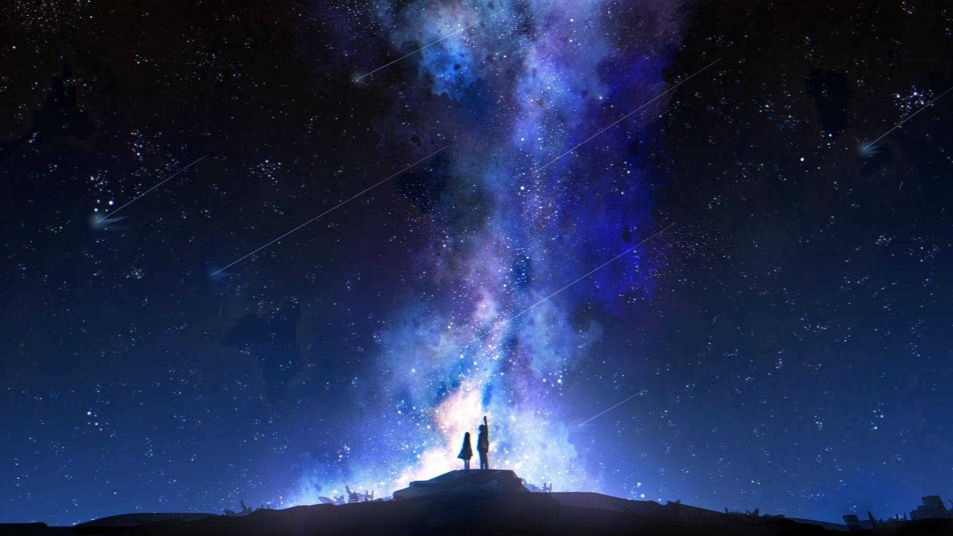 銀河天際 壁紙 — 兩個剪影人物站在山頂上，凝視著一條充滿流星、鮮豔的藍色和紫色銀河。
