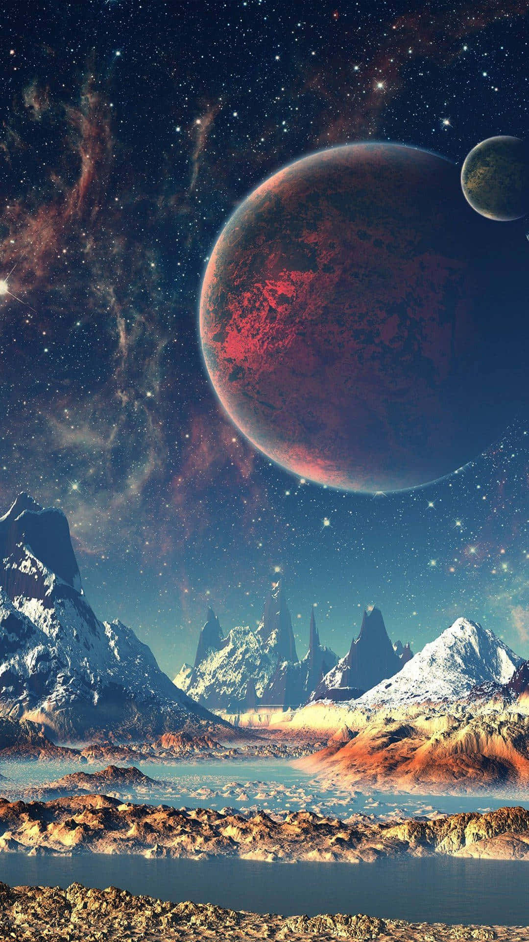 銀河太空冰山數位藝術手機背景 壁紙 — 白雪覆蓋的外星山脈聳立在平靜的湖邊，星空下有一顆巨大的紅色行星和月亮。