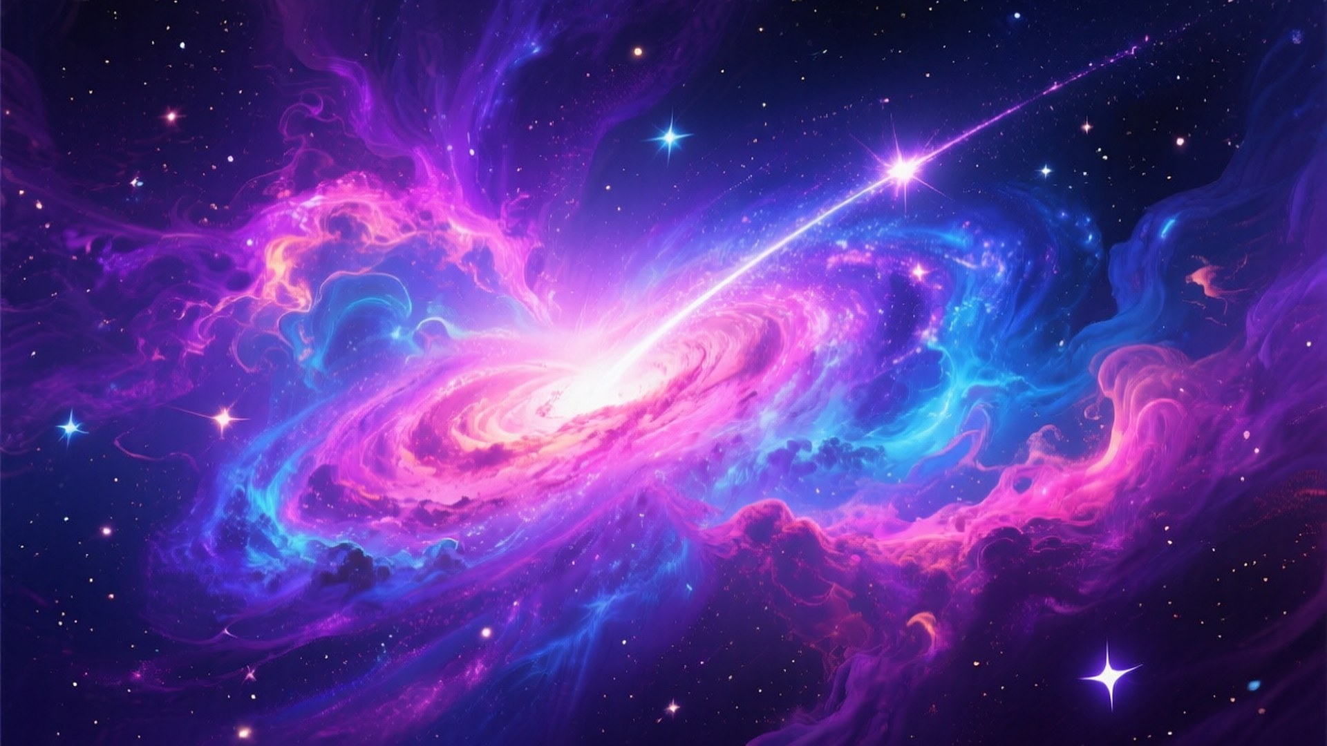 充滿活力的紫色和藍色星雲在宇宙星系場景中與明亮的星星旋轉。