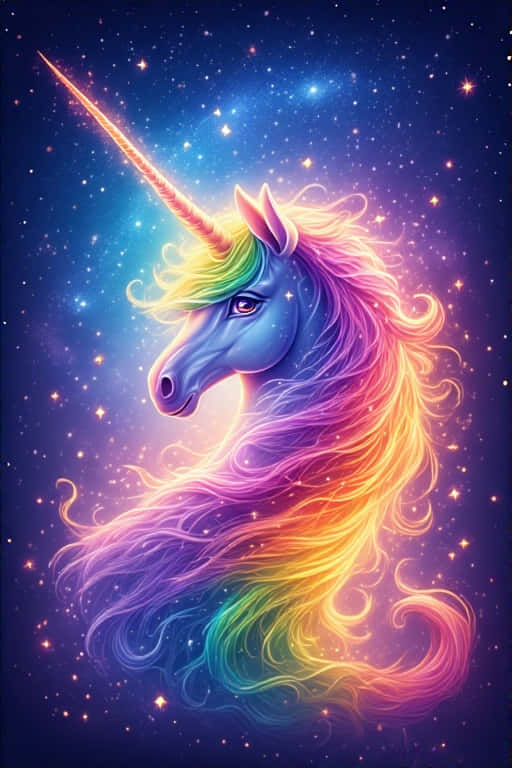 銀河奔馳獨角獸 壁紙 — 一隻擁有彩虹鬃毛和發光獨角的雄偉獨角獸，在繁星點點的宇宙夜空中寧靜地漂浮。