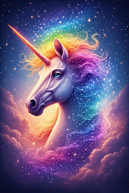 銀河奔馳獨角獸 壁紙 — 一隻擁有彩虹鬃毛和發光獨角的雄偉獨角獸，從宇宙雲層中浮現，背景是繁星點點的夜空。