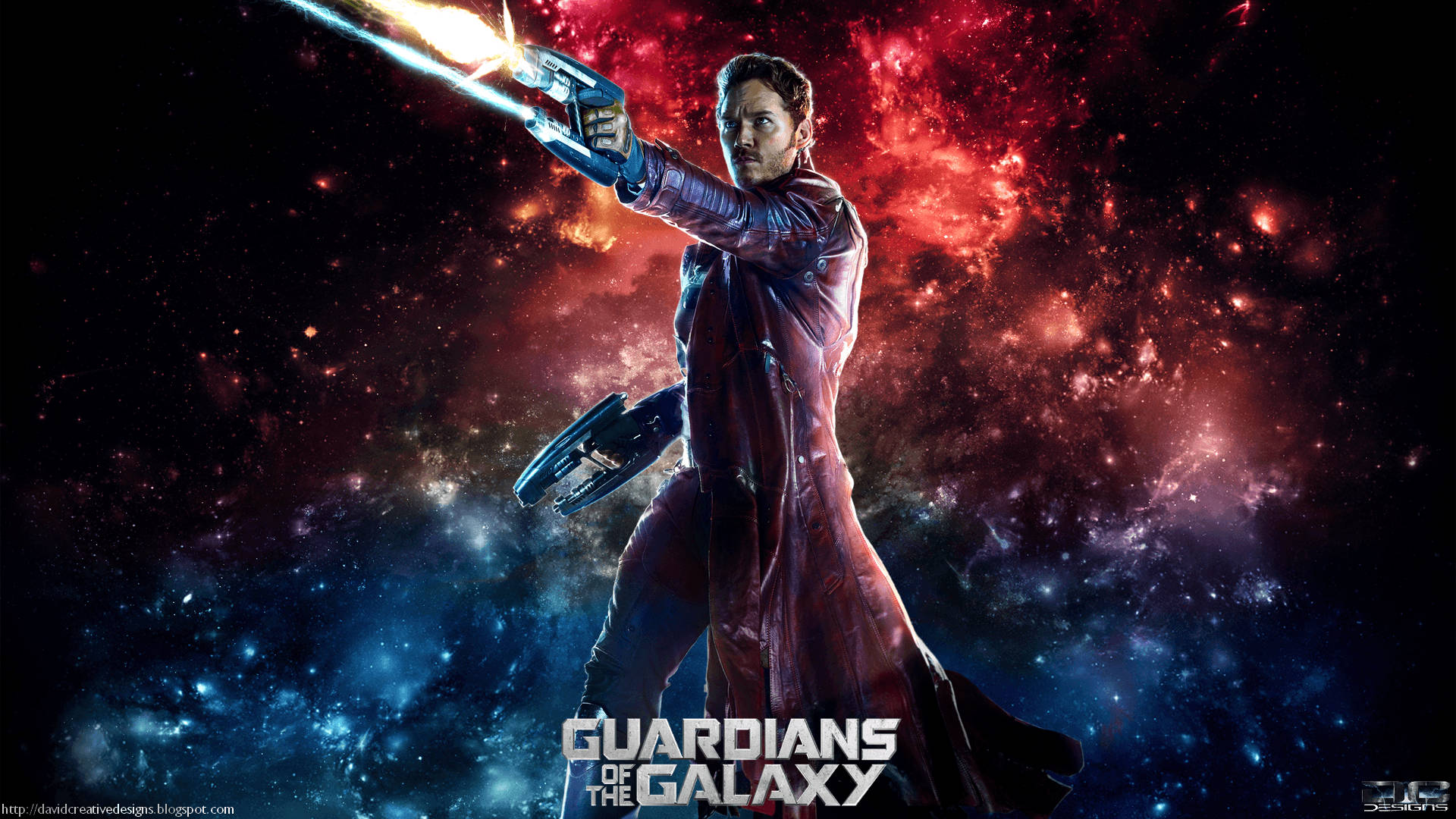 Star-Lord 在太空中發射武器，身後有紅色和藍色星雲。