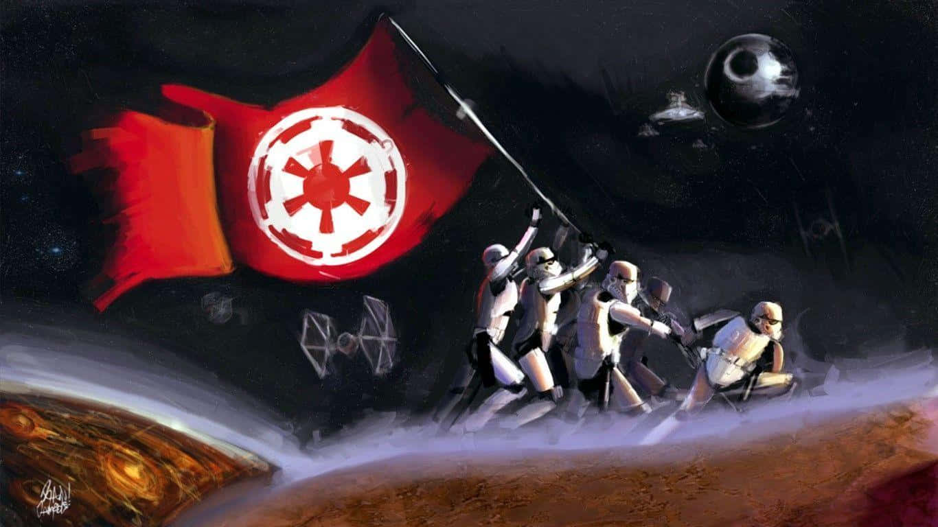 風暴兵在沙漠星球上插上帝國旗幟，死星在天空中。