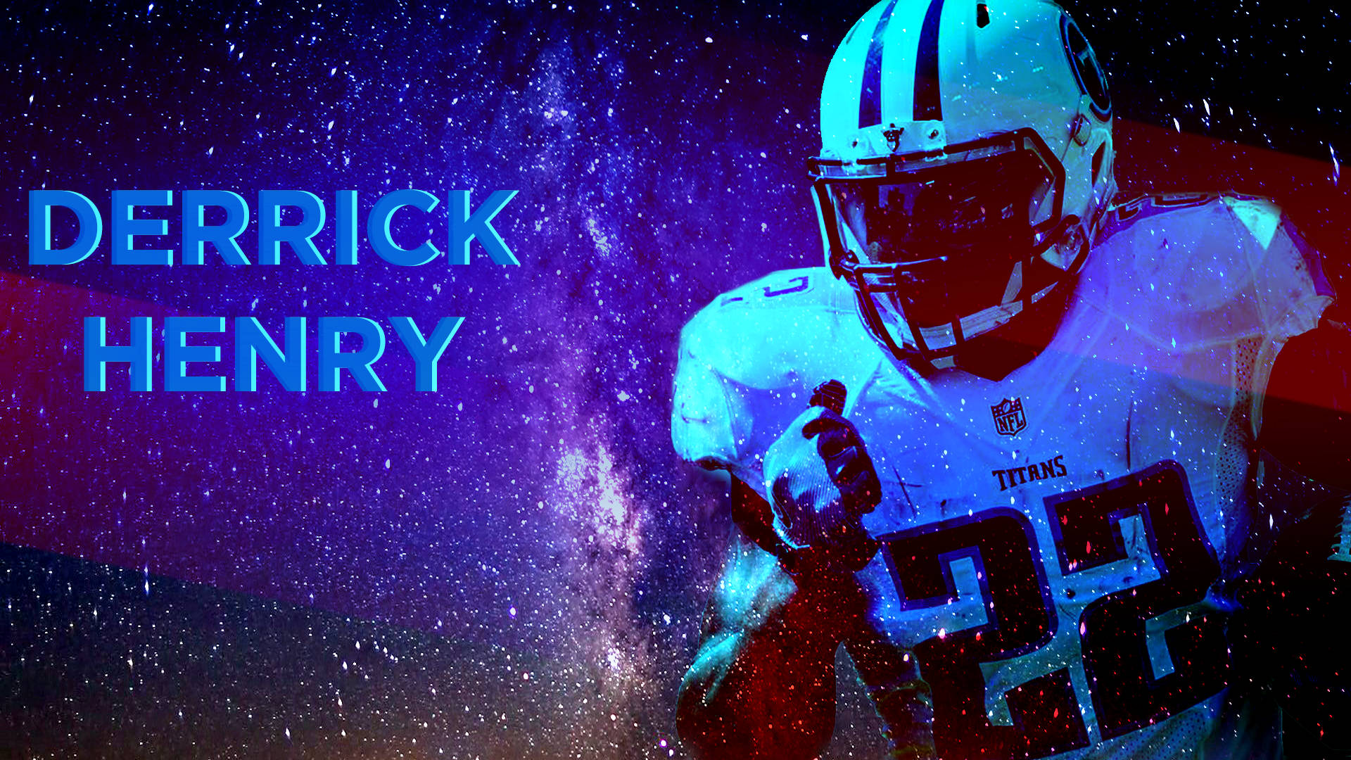 銀河德里克·亨利海報 壁紙 — 穿著泰坦裝備的美式足球運動員 Derrick Henry 站在帶有發光粒子的宇宙紫色和藍色星場前。