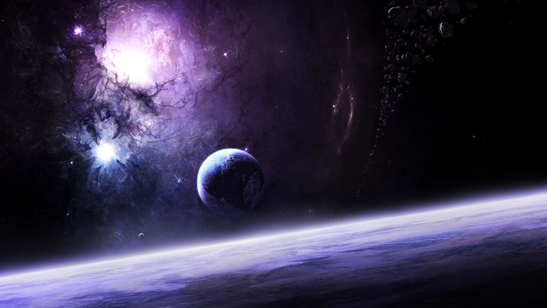 一個紫色星雲在深空中靠近一顆行星閃耀，伴隨著宇宙塵埃。