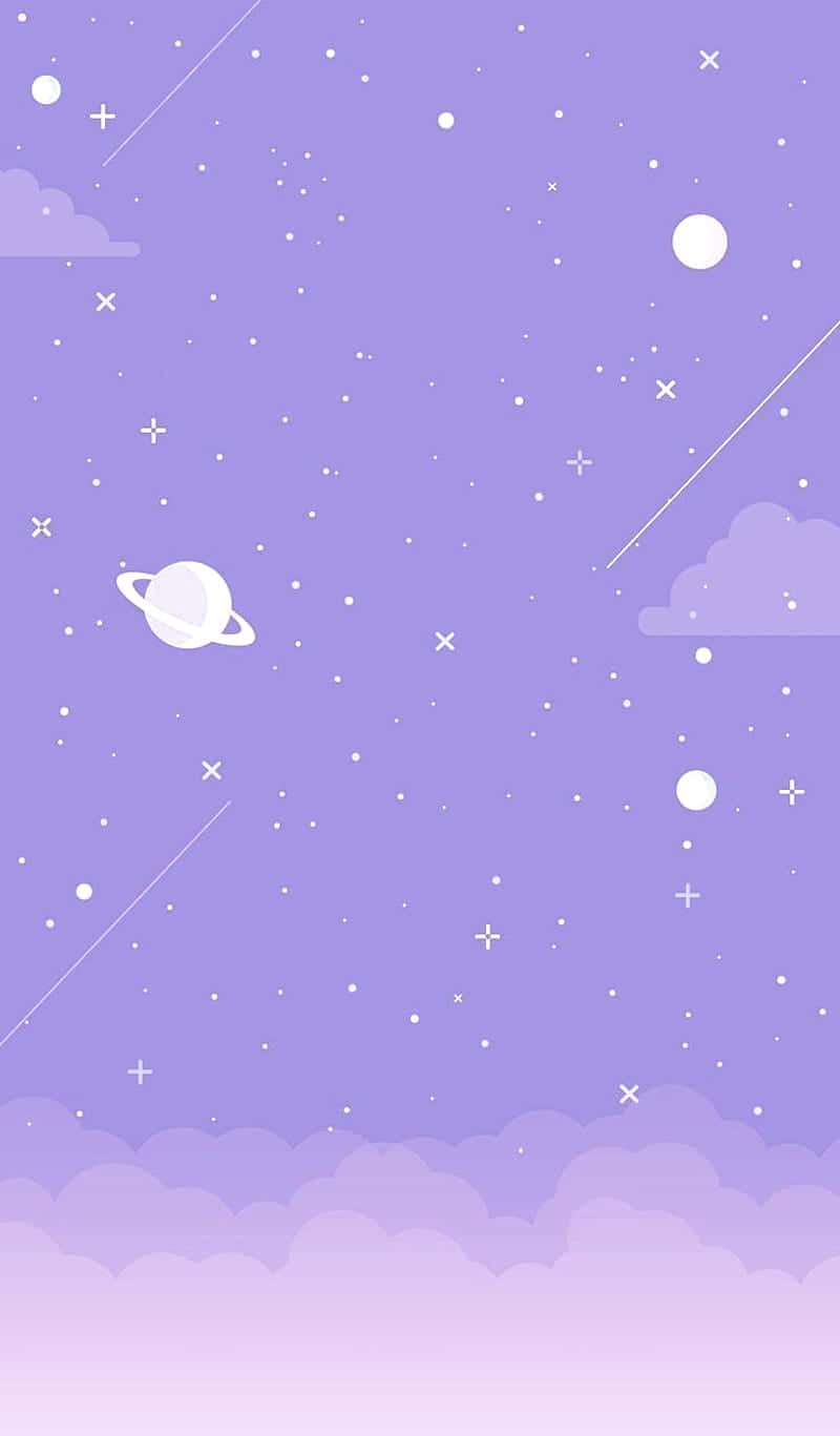 以簡約數位藝術風格呈現的紫色天空，點綴星星、行星和雲朵。