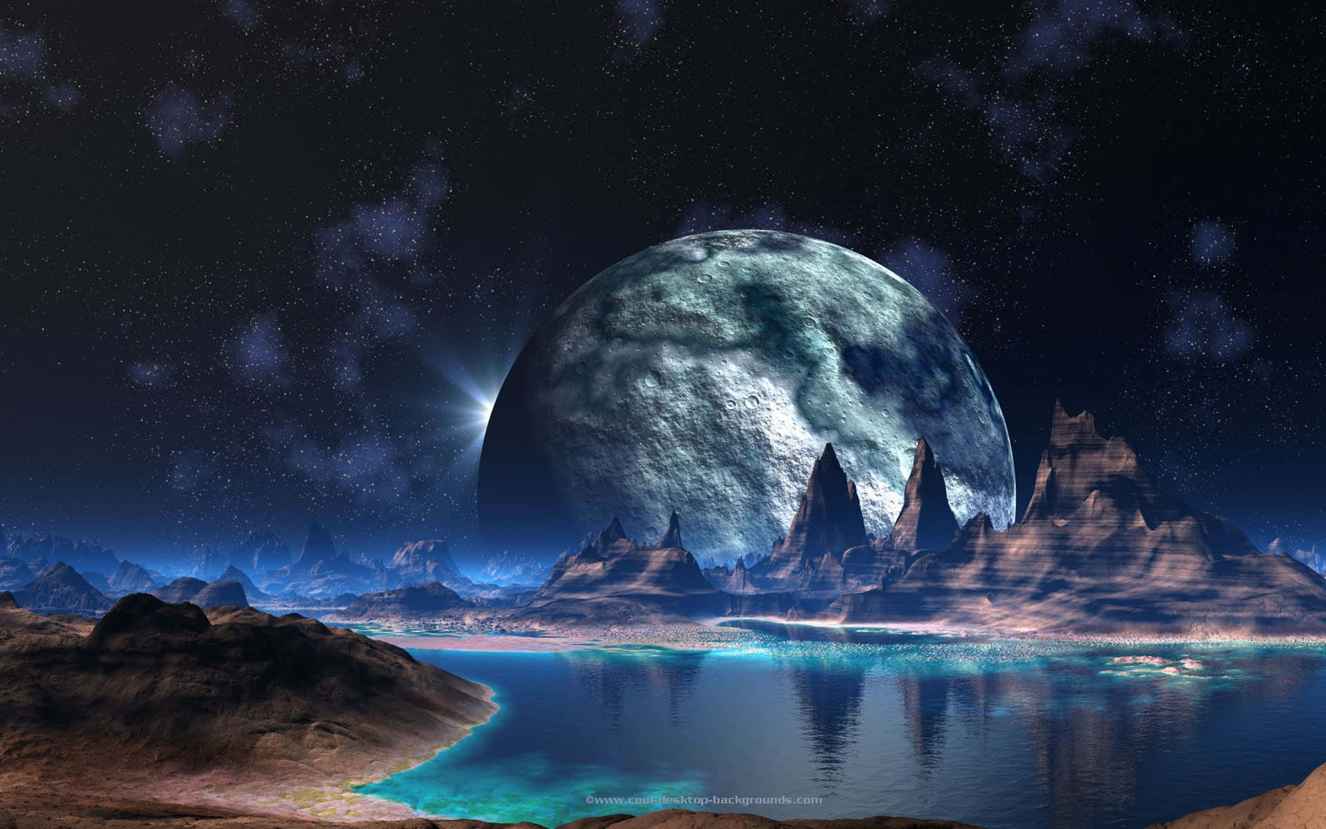 外星行星，有發光的湖和巨大的月亮，在星空下