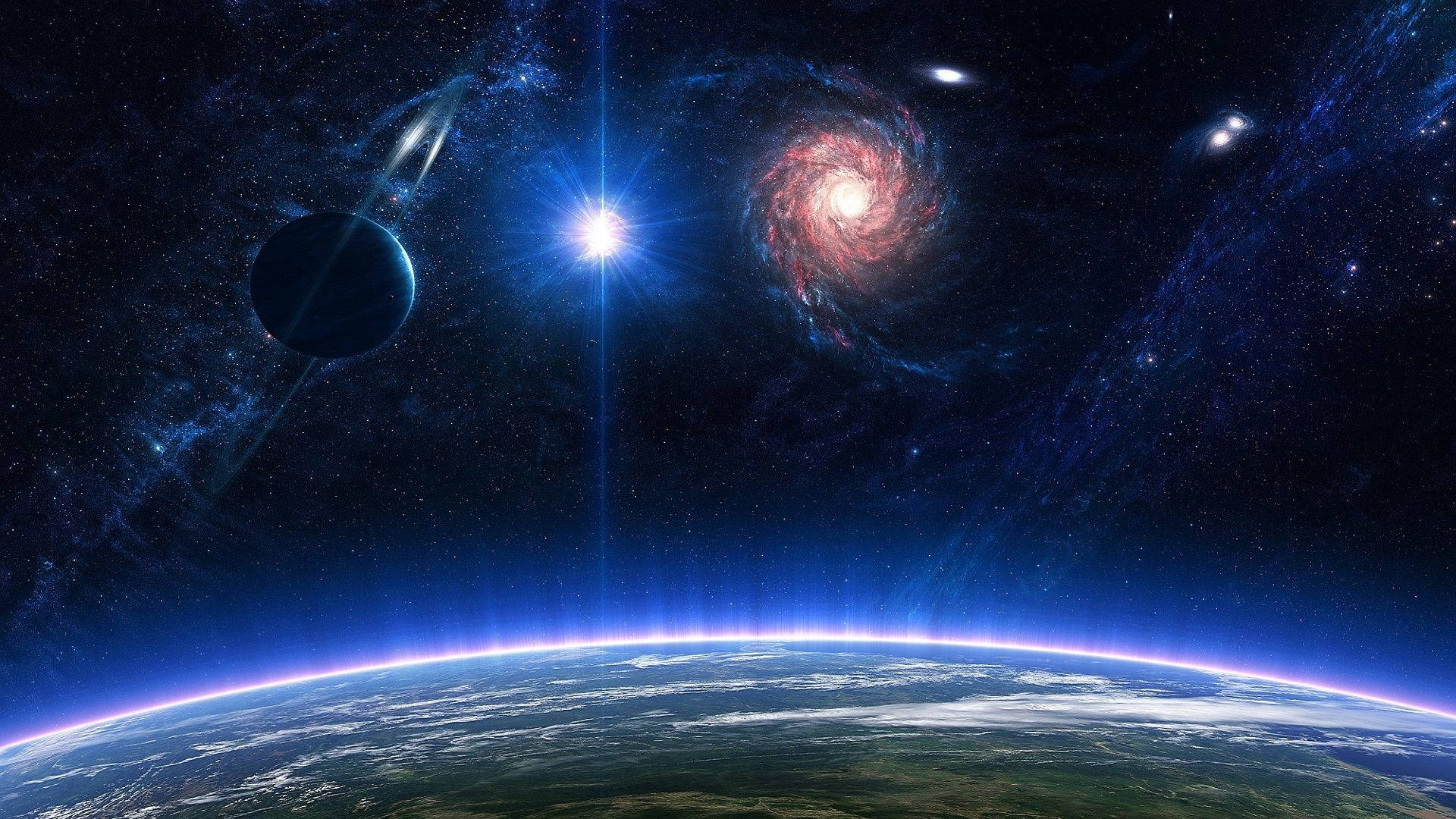 在繁星點點的天空下，地球地平線閃爍著極光，伴隨著星系和行星