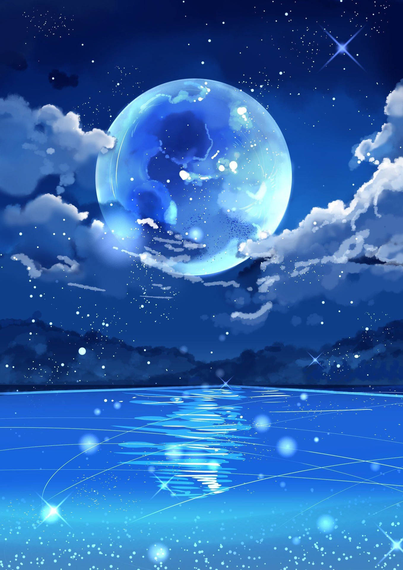 一顆發光的藍色月亮，上面可見地球的各大洲，在星光熠熠的夜空下倒映在閃爍的水面上。