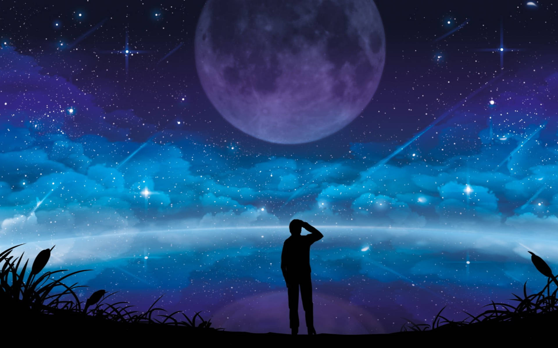 一個人凝視著滿天星斗的夜空，有大月亮和流星。