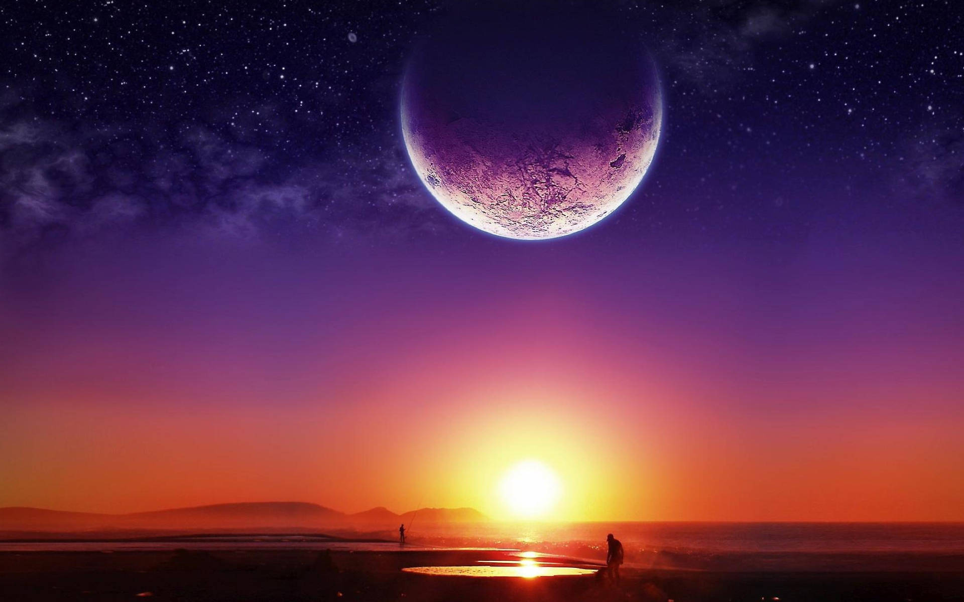 兩個剪影在繁星點點的天空中看著日落和一顆巨大的紫色行星。
