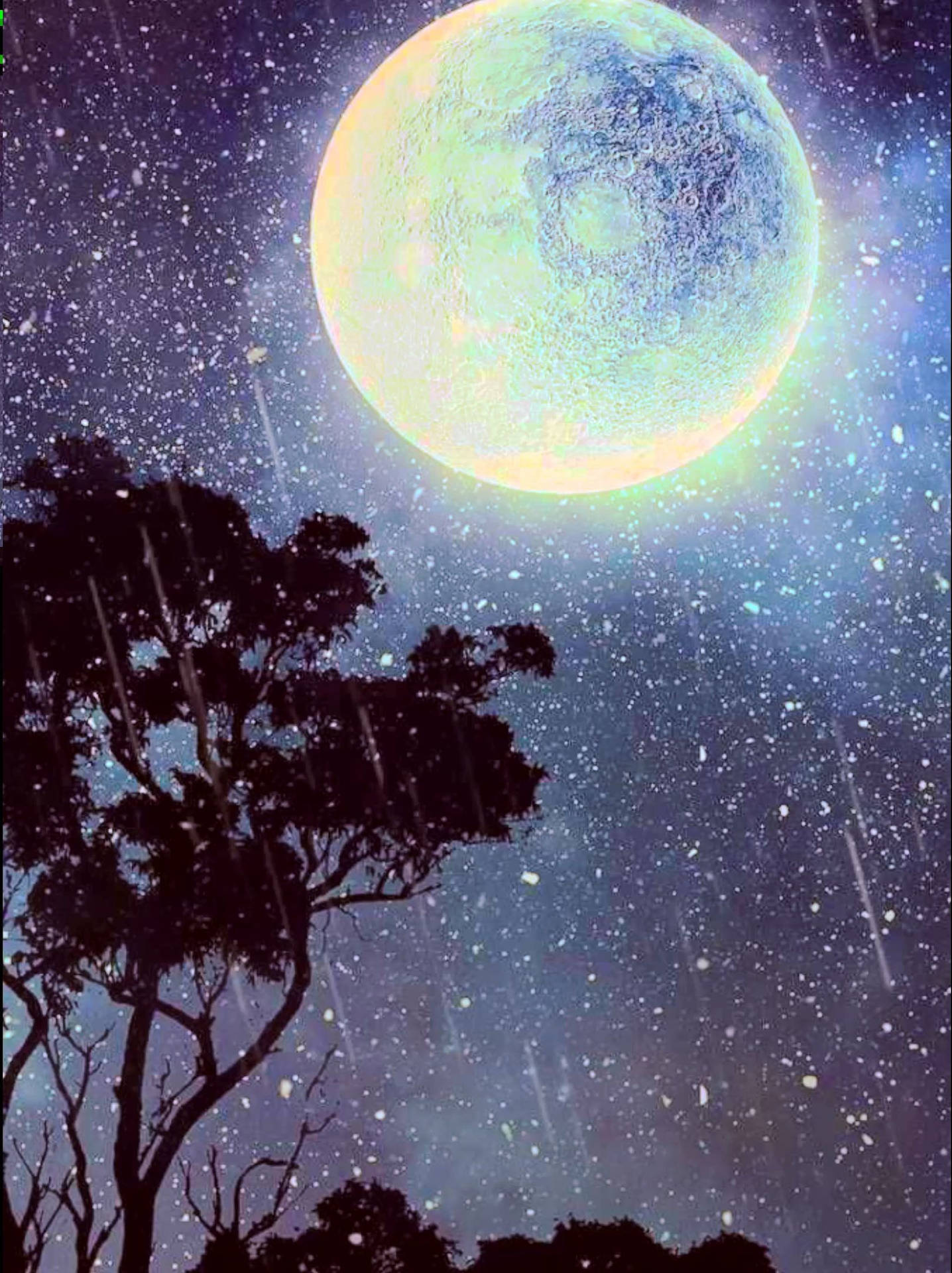 在繁星點點的宇宙夜空中，發光的外星月亮下的剪影樹和落下的粒子。