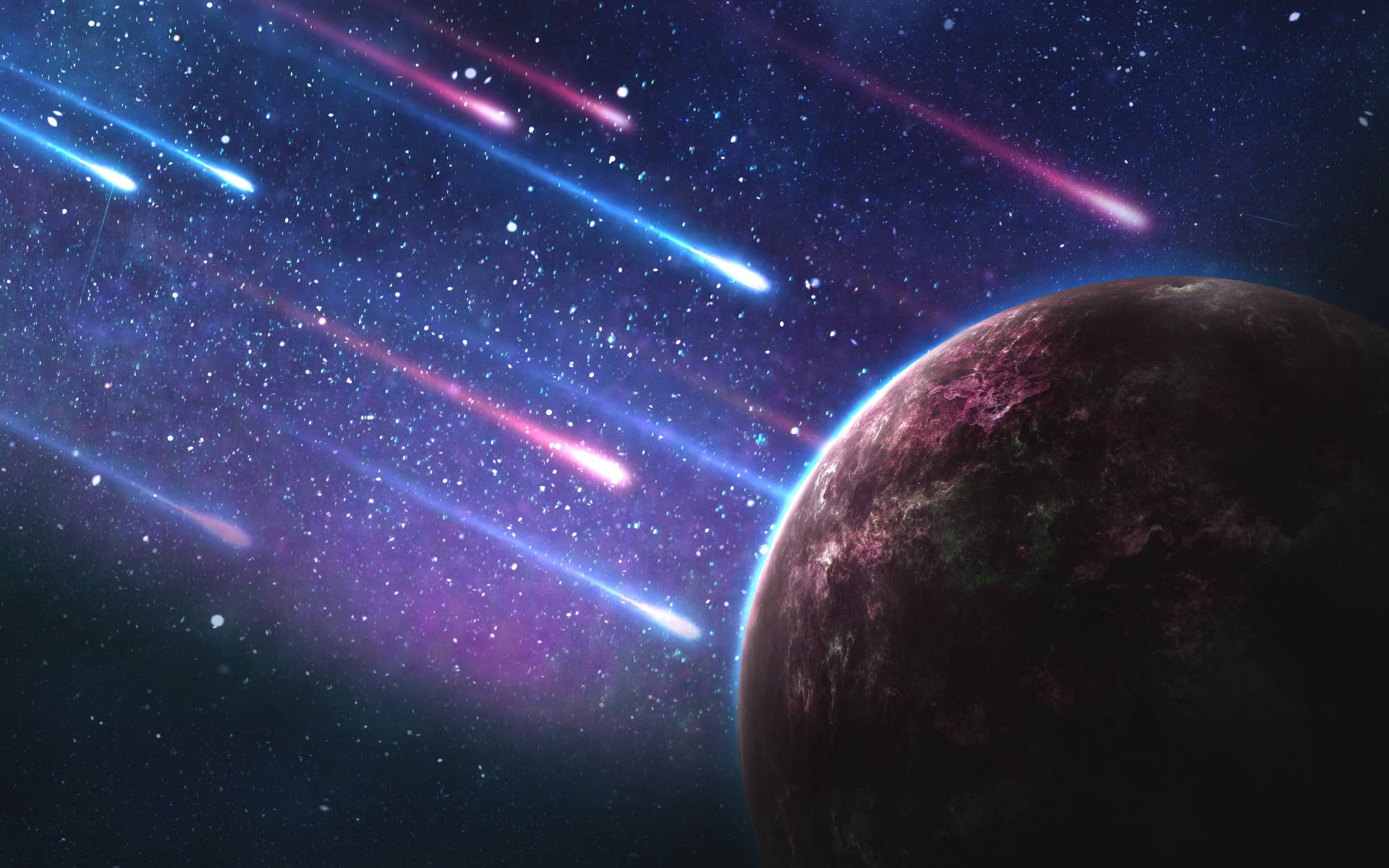 行星，發光的流星在色彩繽紛的星空飛過。