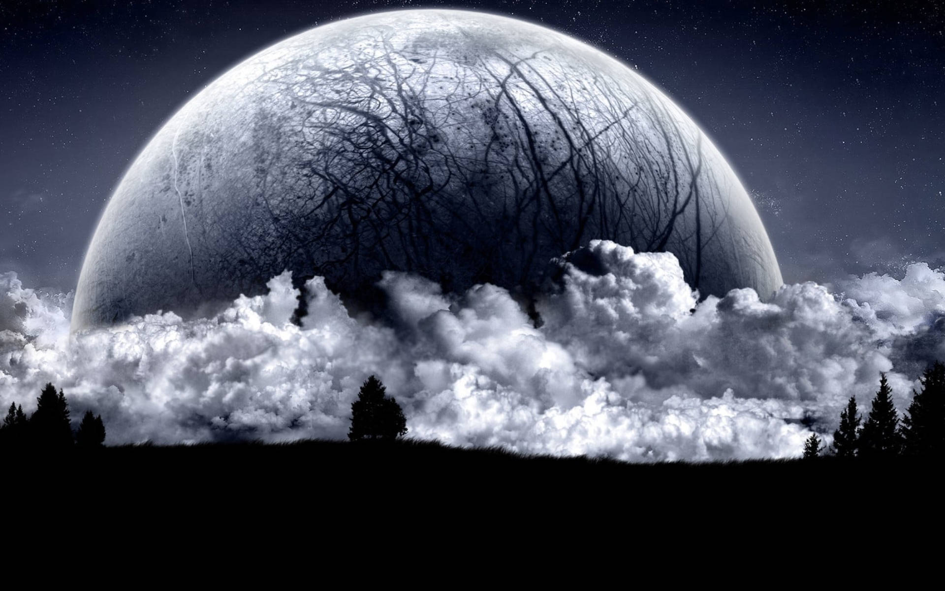 一輪巨大裂開的月亮在夜間從暴風雲和松樹上方升起。