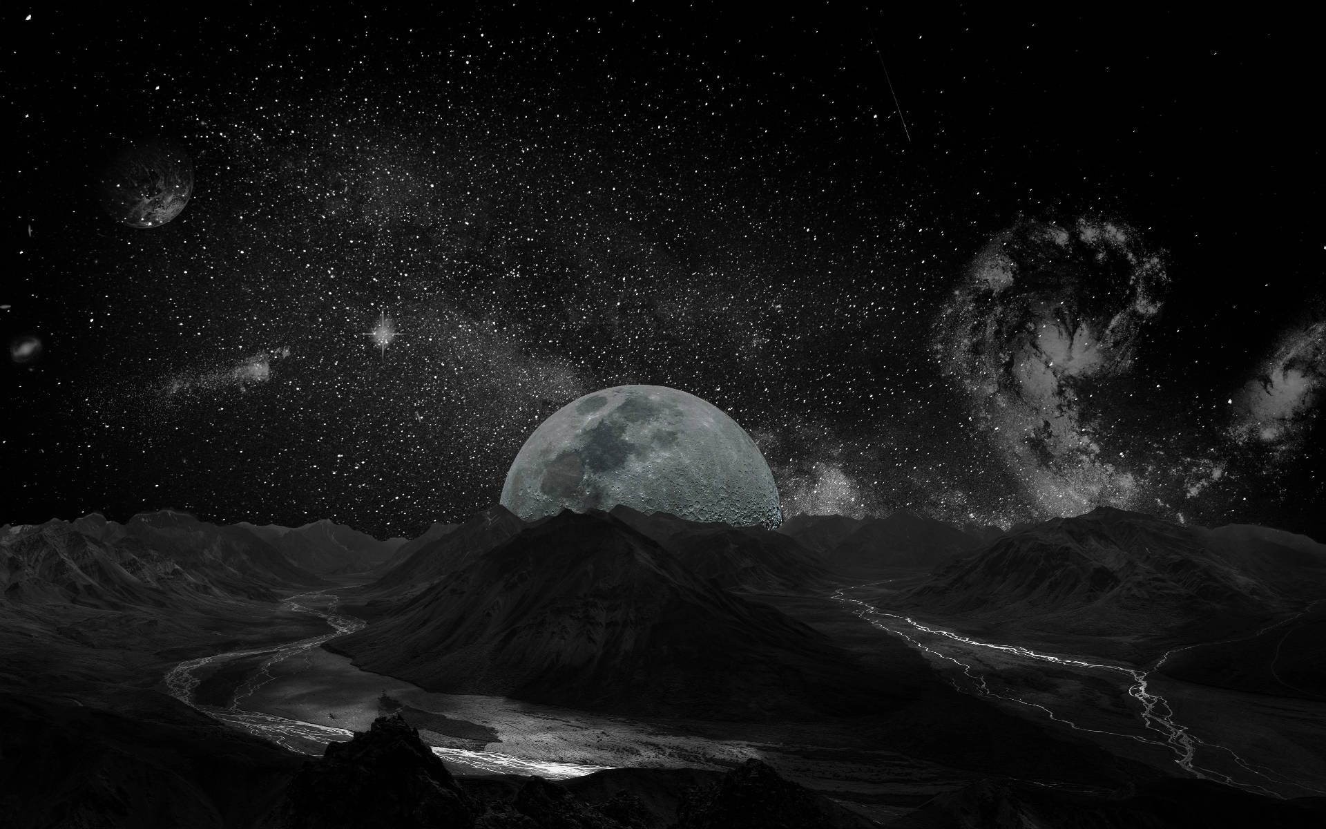 一個月光照耀的外星山谷，有發光的河流和上方的宇宙雲。