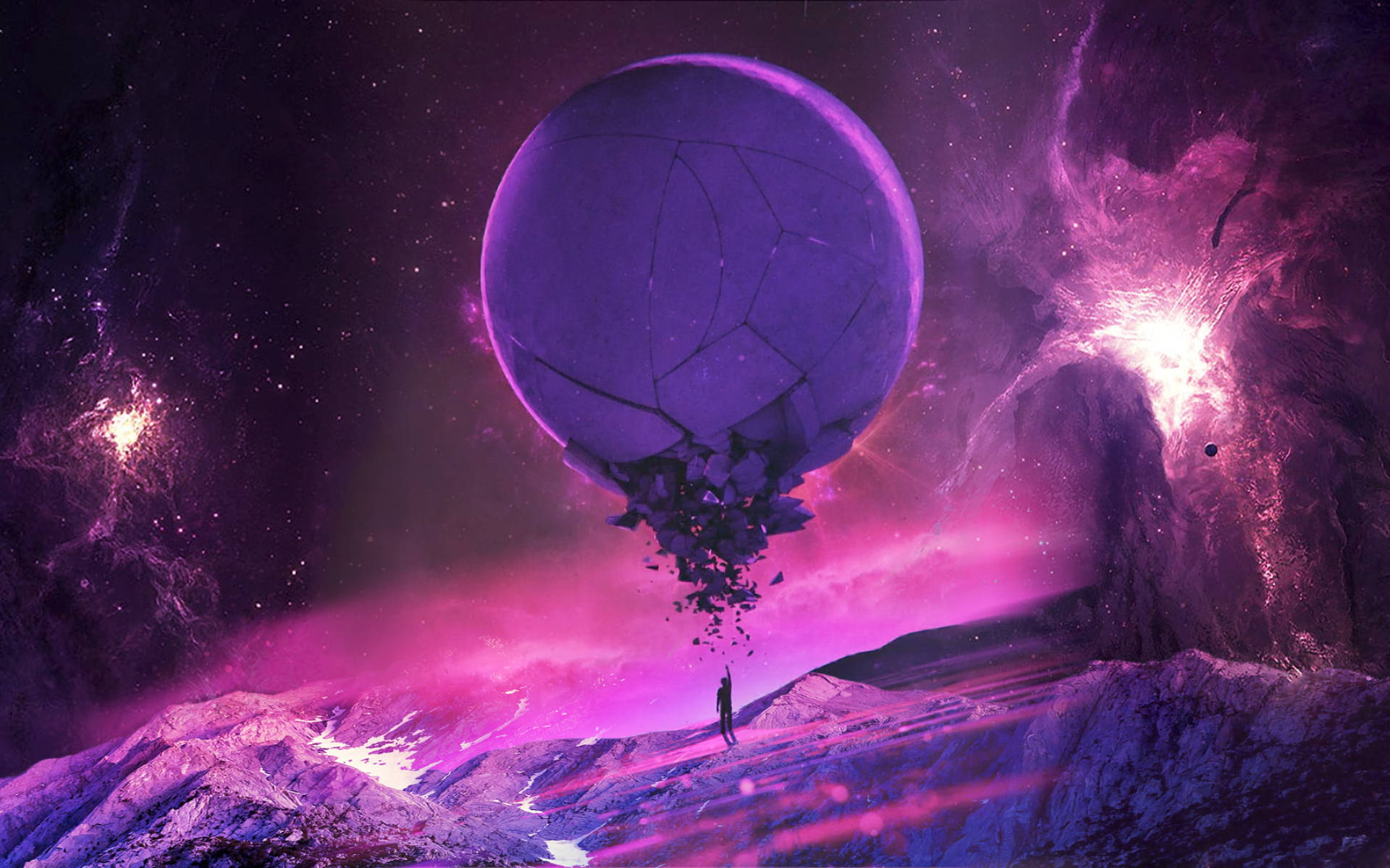 山上的孤獨身影看著一個巨大的裂縫球體穿過發光的星雲漂流。