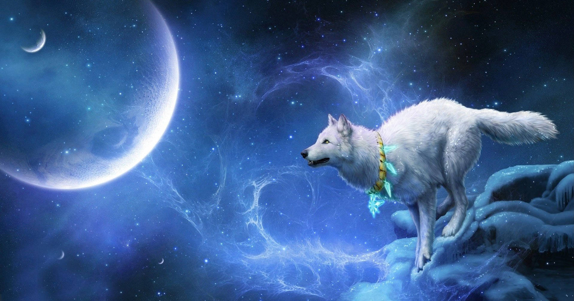 白狼在冰上，宇宙天空下，有發光的月亮和星雲。 — 銀河狼 壁紙